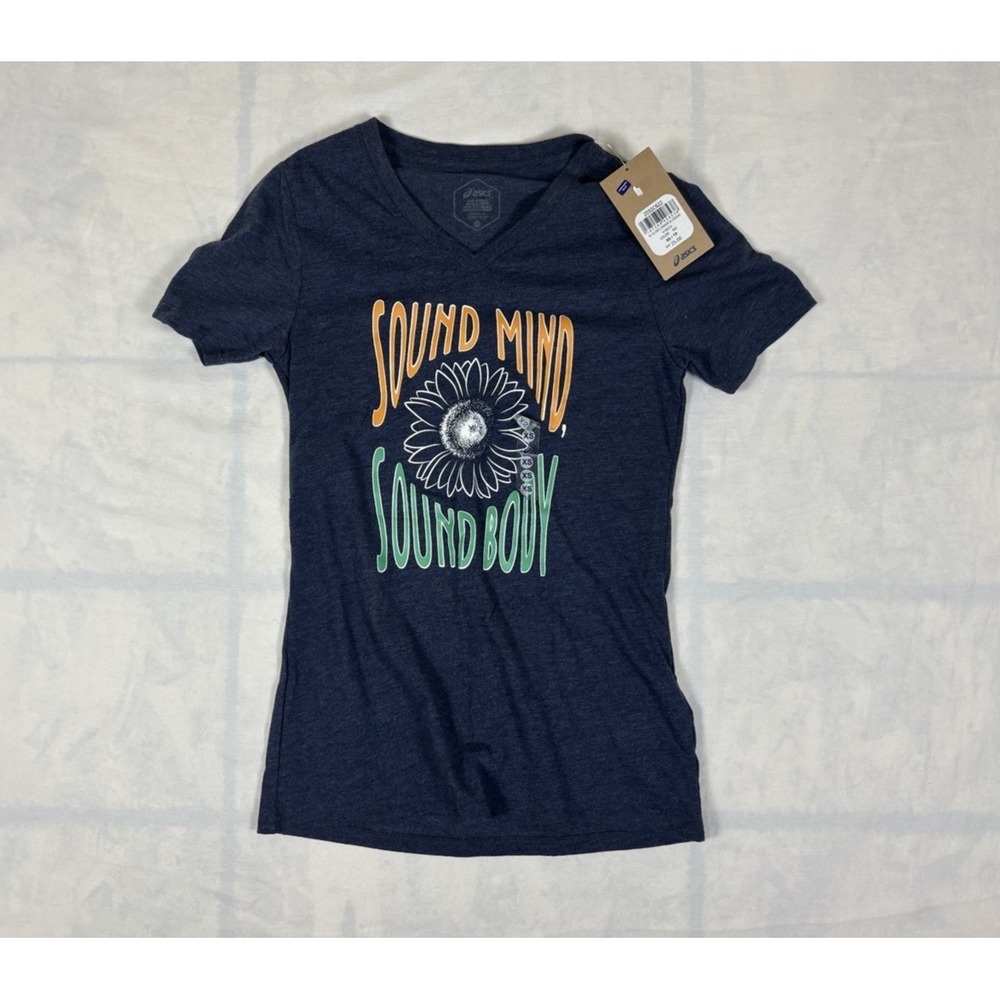 NWT ASICS Running Graphic T-Shirt Womens XS Short Sleeve V Neck Blue MSRP $25